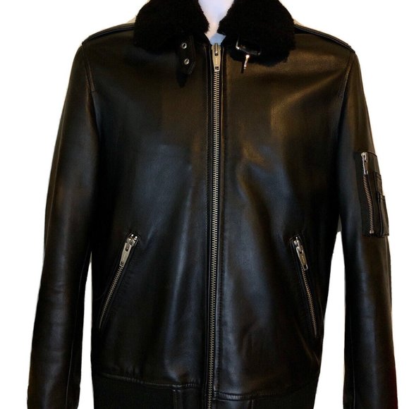 THE KOOPLES Black Leather Flight Jacket W/Shearling Neck Size S - Picture 2 of 8
